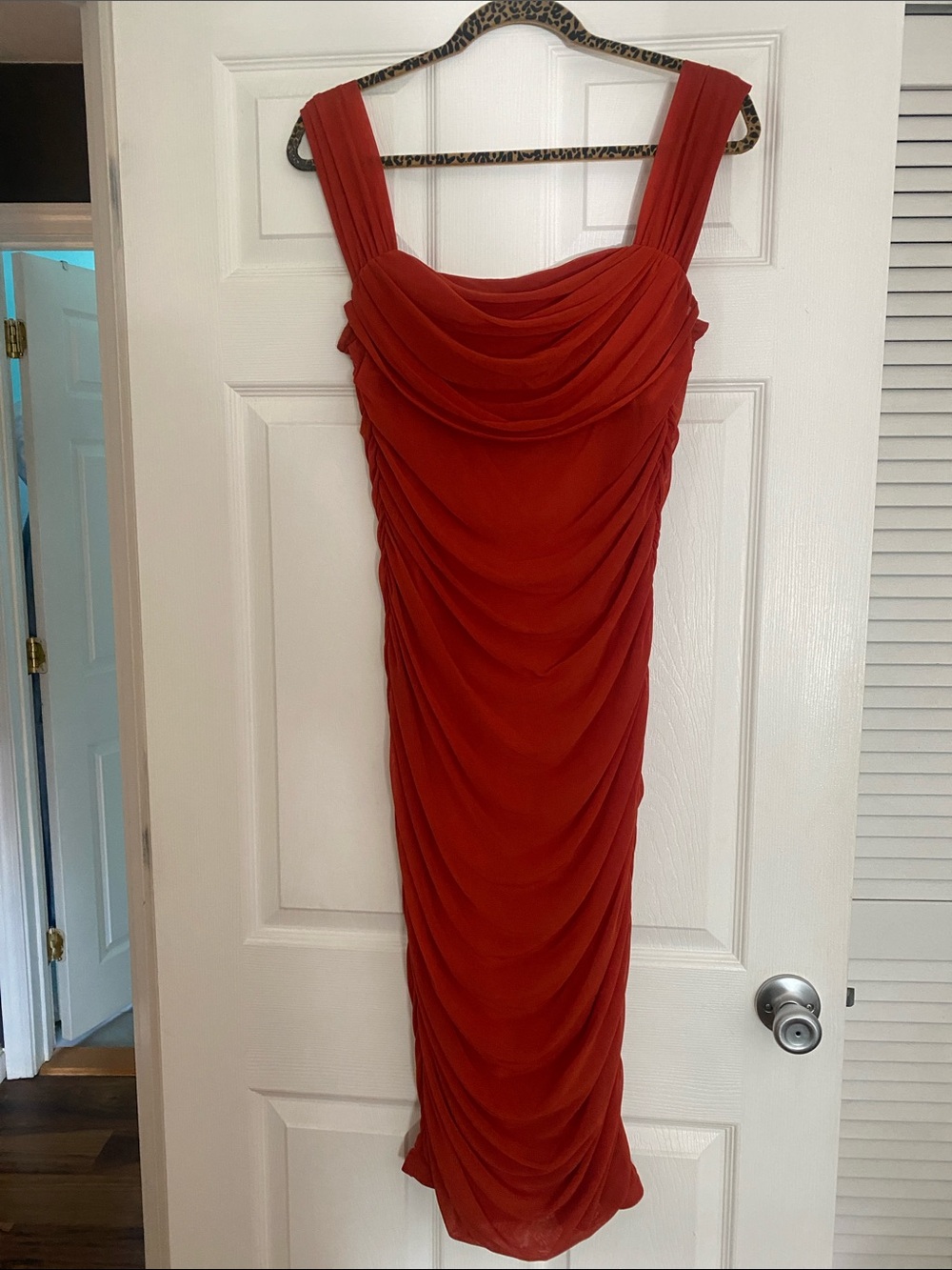 Sculpted Rust Red Draped Midi Dress
